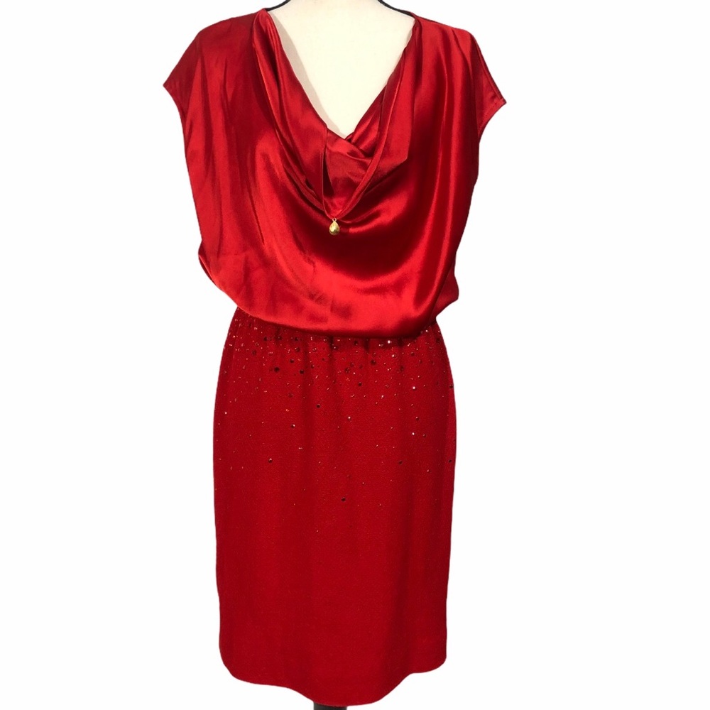 ST. JOHN Black Liquid Satin & Boucle Knit Dress